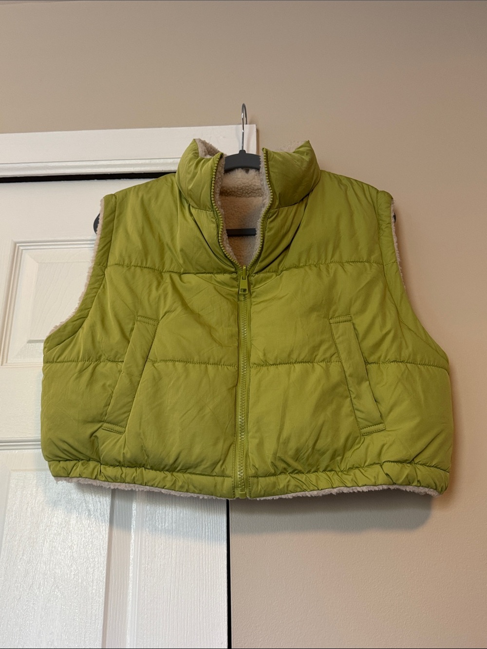 Double Zero Cropped Lime Green Quilted Sherpa-Lined Puffer Vest